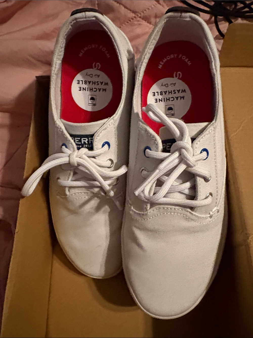 Sperry White Canvas Lace-Up Sneakers with Red Insoles